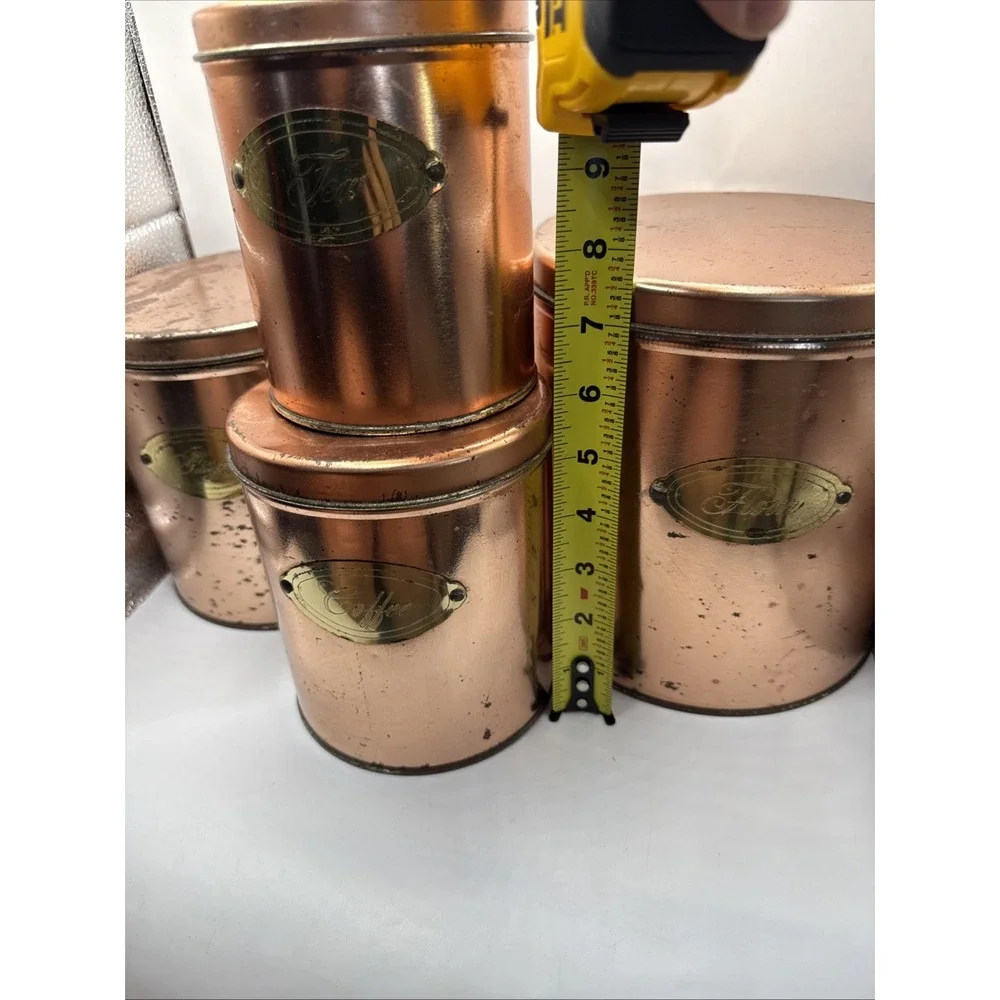 Copper Metal Cylinder Coffee Tea Sugar Flour Canister Set, With Lids, 4Piece MCM